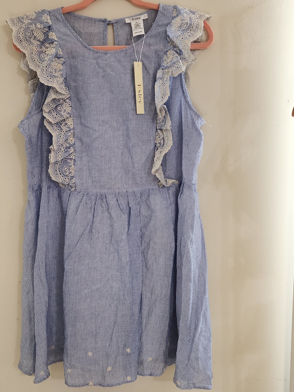 New with Tags Esley Blue and White Striped Lace Trim‎ Ruffle Dress, Size L
​
